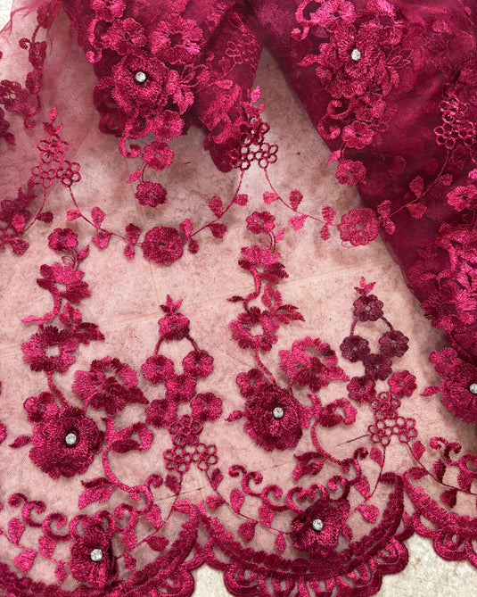 Lace Material Ruby Red With Rhinestones